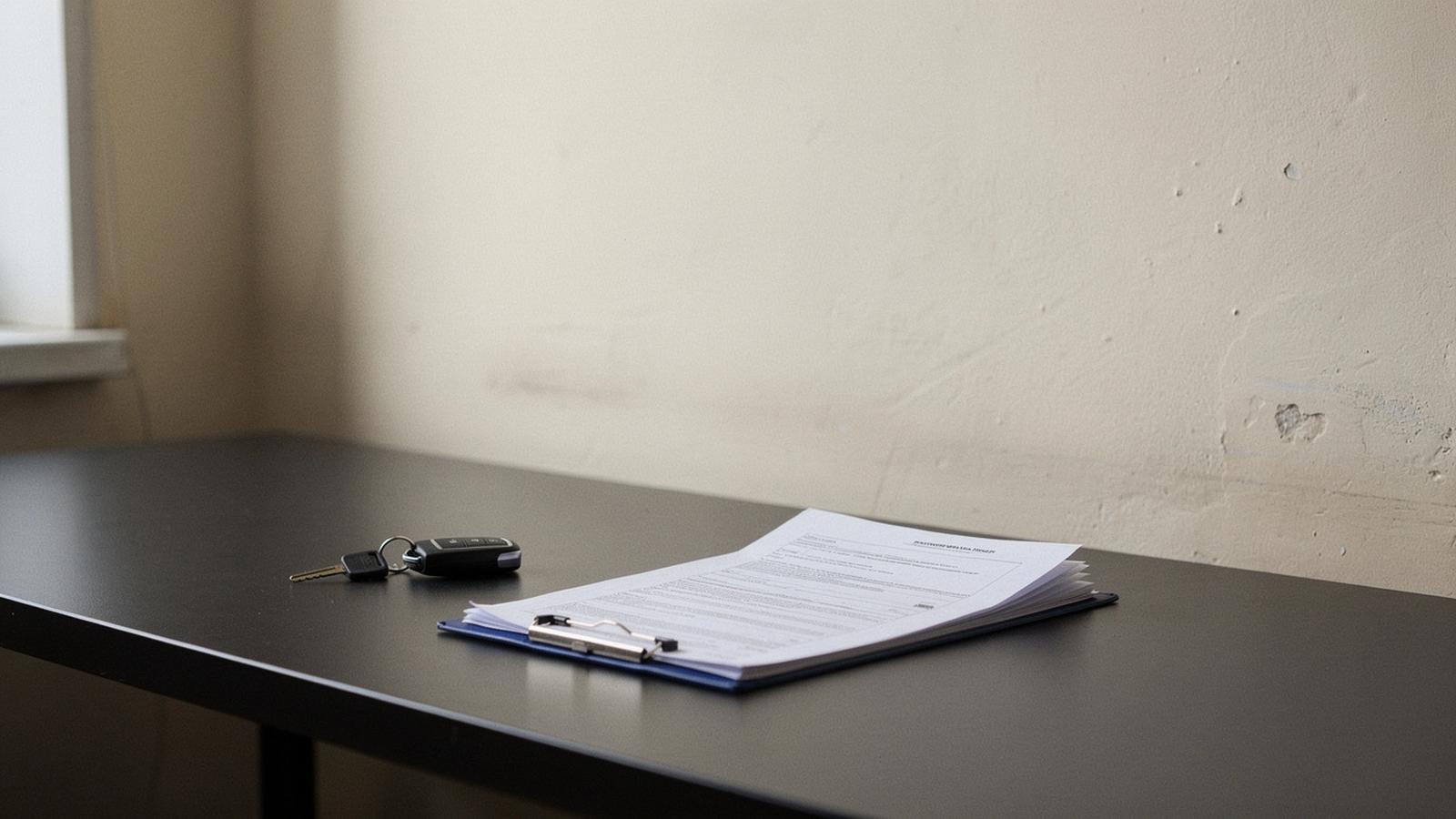 Rental handover desk in Kyiv with a car key, clipboard and open rental agreement on the counter
