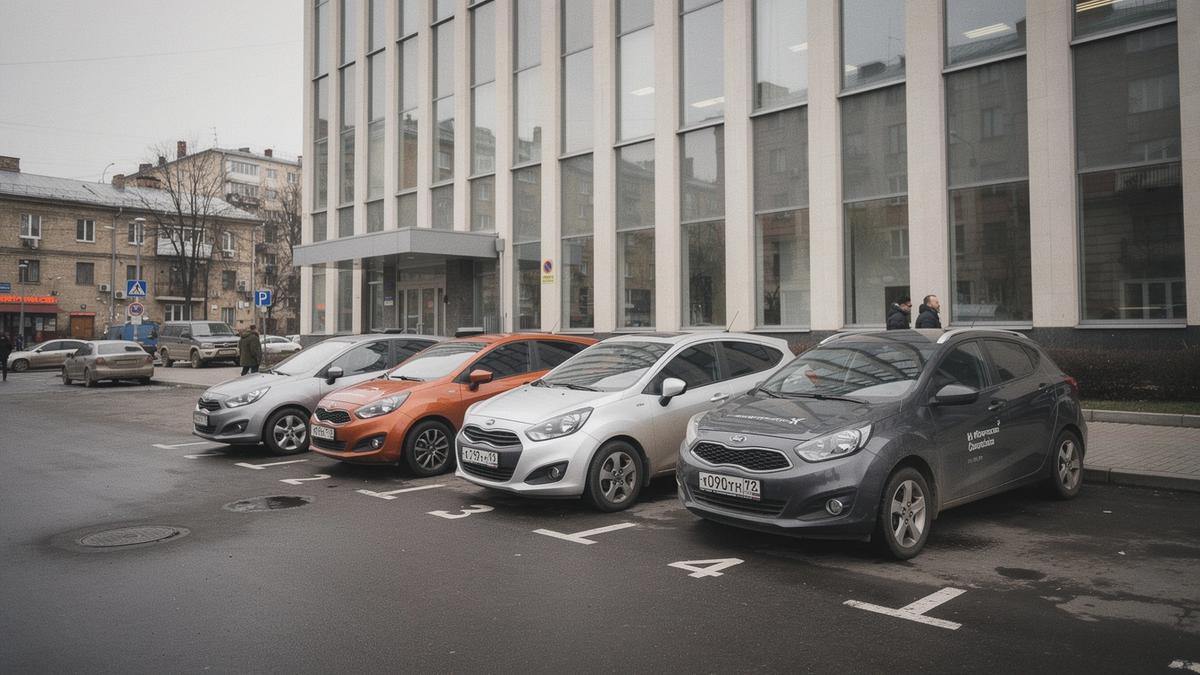 Rental cars parked in a marked handover bay at a Kyiv pickup point