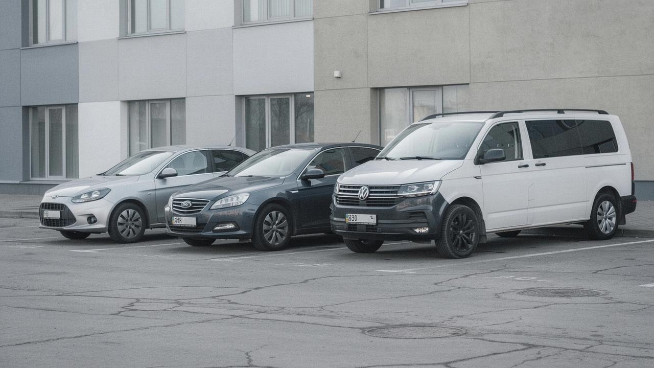 Compact cars, sedans, SUVs and vans lined up at a Kyiv pickup bay