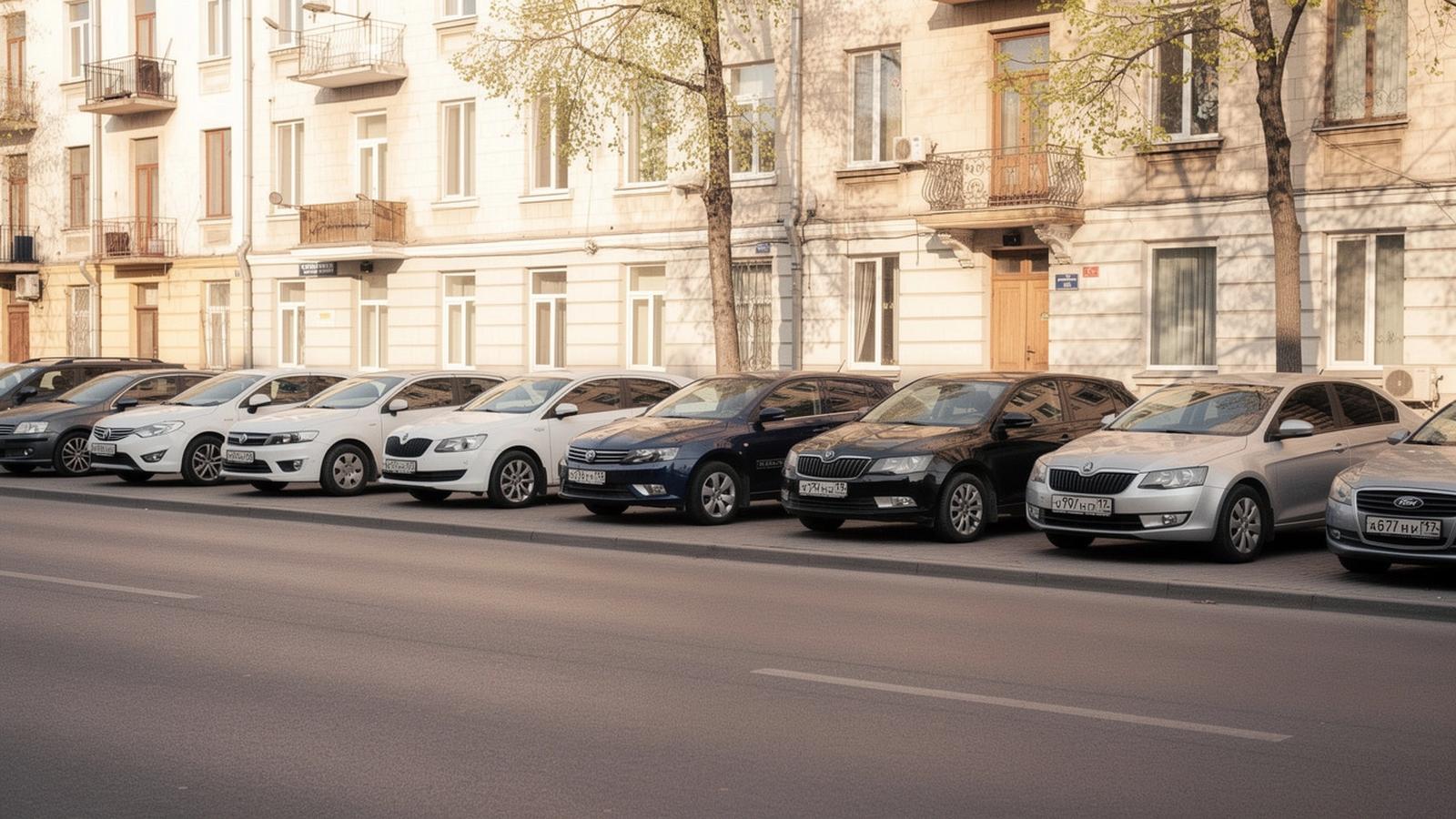 Rental cars parked in a row along a Kyiv street in the morning