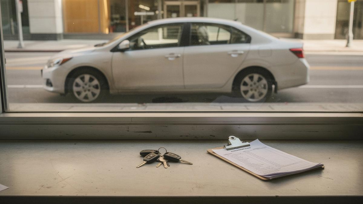 Rental desk with keys and a compact car waiting at a city pickup point