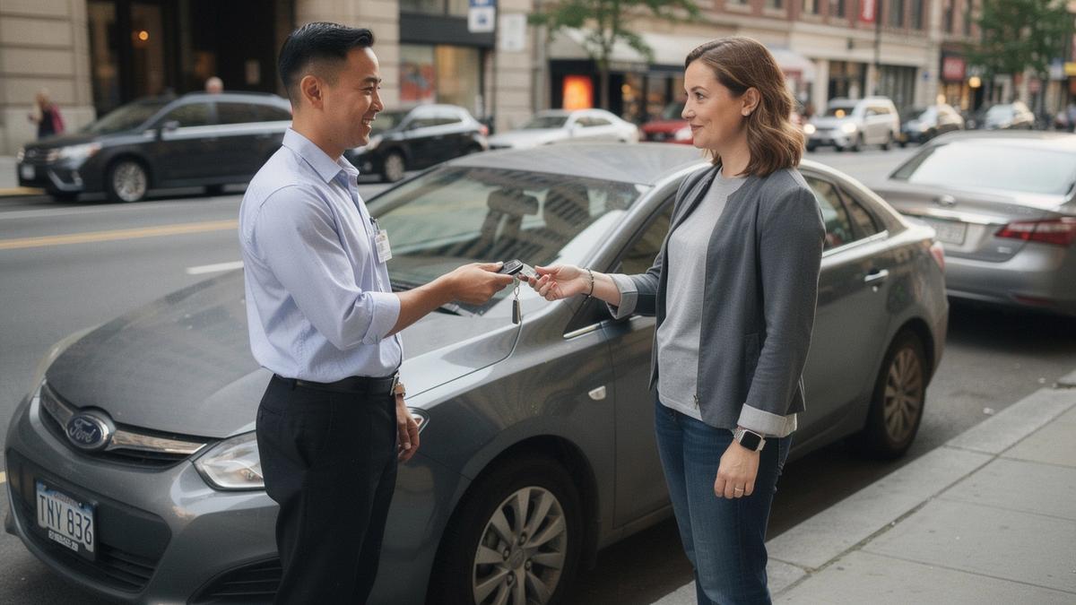 Agent handing car keys to a customer beside a grey sedan at a city kerb